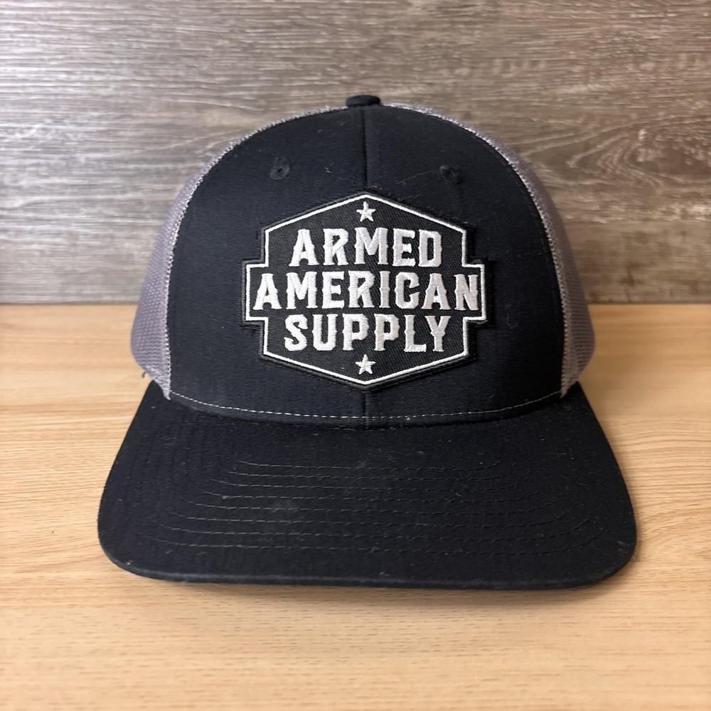 Armed American Supply Hat Cap Snap Back Black Gray Trucker Mesh Embroidered Mens